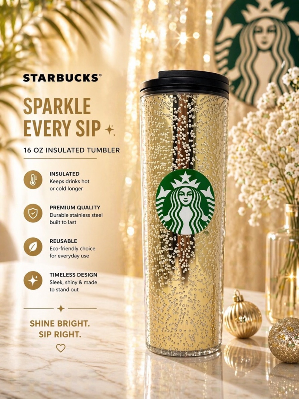 Starbucks Gold Sparkle Insulated Tumbler 16oz Reusable Travel Cup